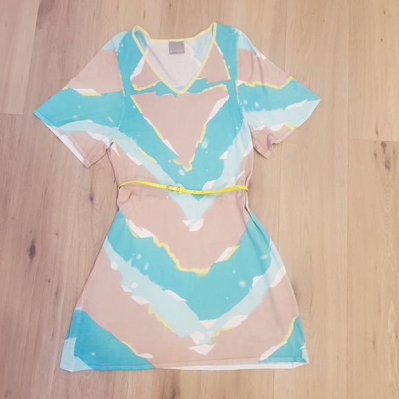 Teal green, tan & yellow knit belted dress by Evolution, size 12 - Picture 3 of 5